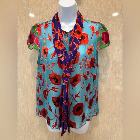 NWT ALICE + OLIVIA Sheer Floral Poppy Garden BlueBird Blouse with Neck Tie - Picture 10 of 16